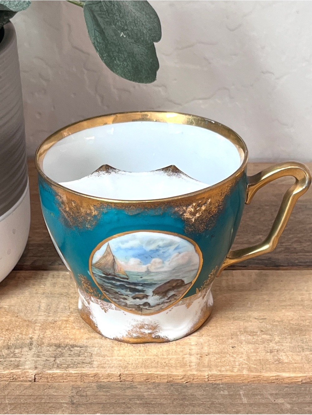 Antique 1909 Three Crown China Germany Porcelain Mustache Cup Teal Gold Nautical - Picture 2 of 8
